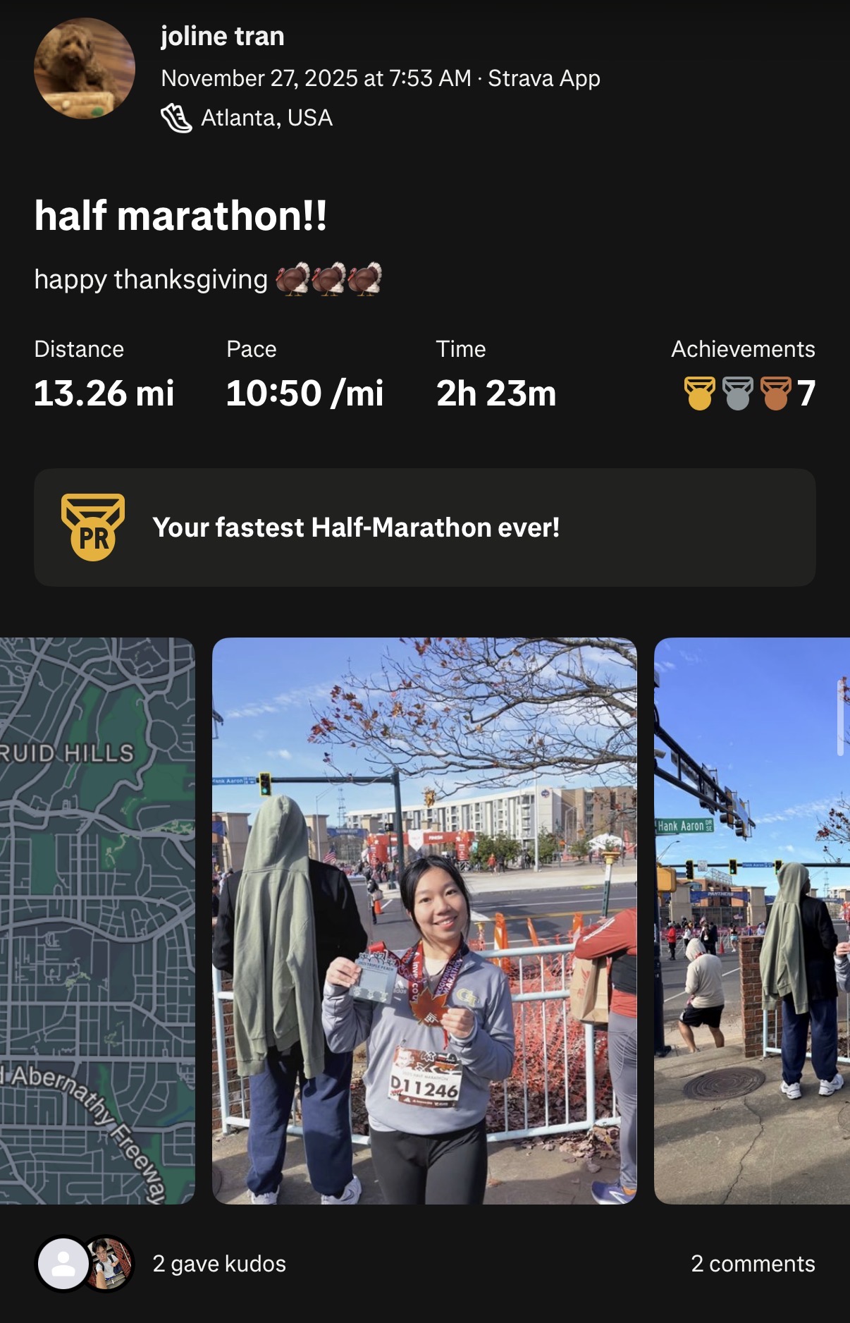Joline’s Strava post celebrating her first half marathon in Atlanta, with a 13.26-mile distance, 2h 23m finish, and race-day photos.